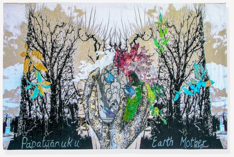 Wall Hang Artwork Papatuanuku – Earth Mother - Ladies in the Park, Linen Screen Print. Mother nature is here to take care of our planet. The hands are depicting security by holding the Earth Mother within her hands. Techniques Organza. Fabric. Paint, Fabric Pen. Machine Quilting and Stitch.