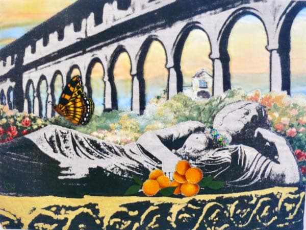 Anyone for oranges artwork. The viaduct takes on a different feel to this piece, looking out to a warm sunset beyond. Her Ladyship is having a rest after an exhausting time selling her favourite fruit, dreaming of next year’s harvest. Techniques: roderie Perse, Hand Painting, Machine edge stitching.