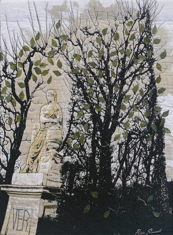 The organic print with the black browns and white on linen is what I wanted to enhance. I did not want to lose any of the detail that Reece Scannell had achieved. The inclusion of leaves compliments the piece and the Latin word VER which I added to the statue means SPRING.