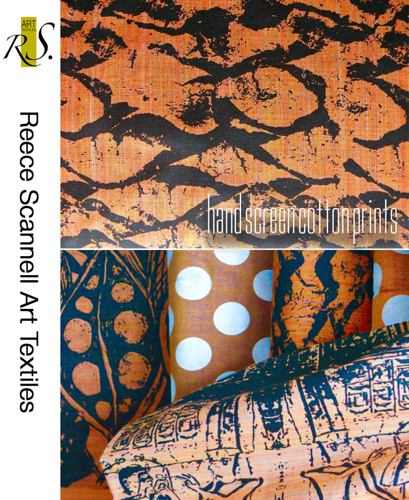 Oranbe Bunner Hand Printed Texiles, Australian Botanicals & Textures Design on Shot Cotton & Slub Cotton on Orange Tones.