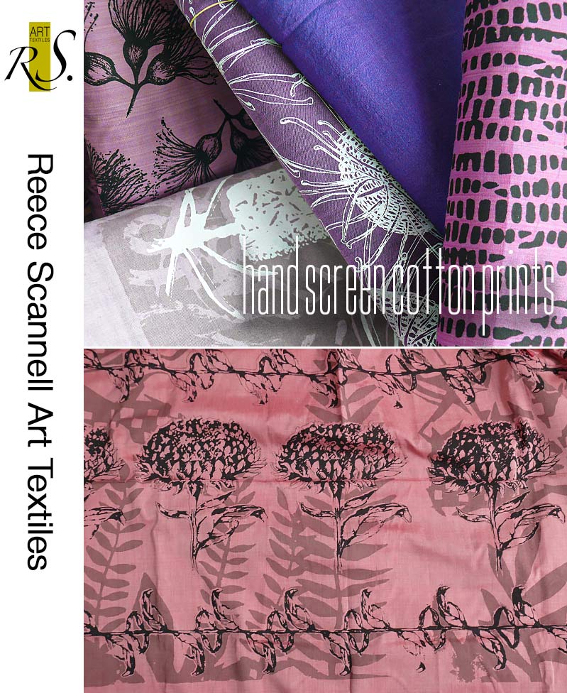 Hand Printed Australian Botanicals Design on Shot Cotton & Slub Cotton in Purple and Pinks Tones.