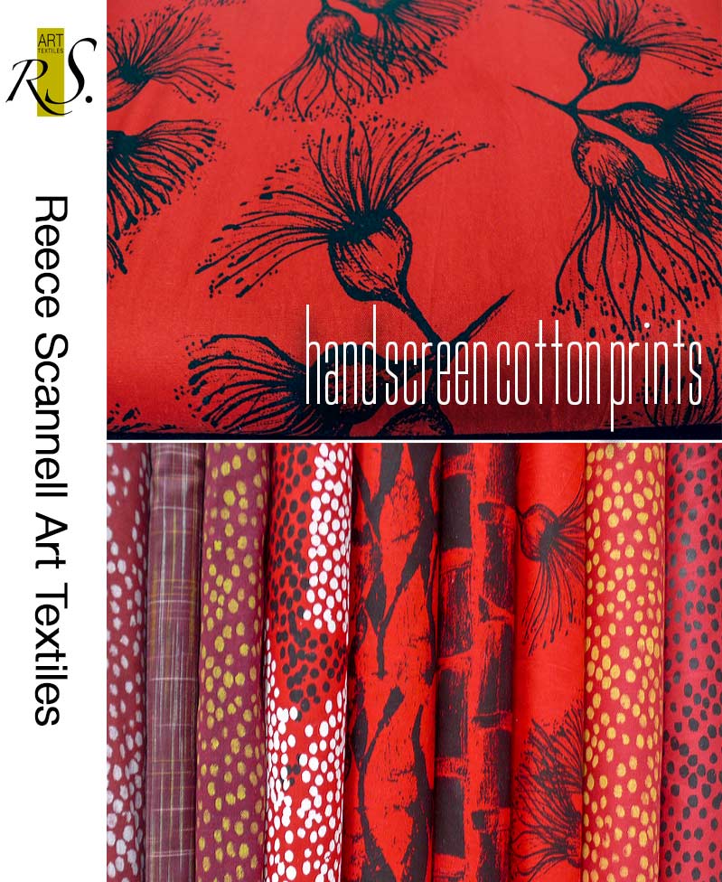 Hand Printed Australian Botanicals Design on Shot Cotton in Red Tones.