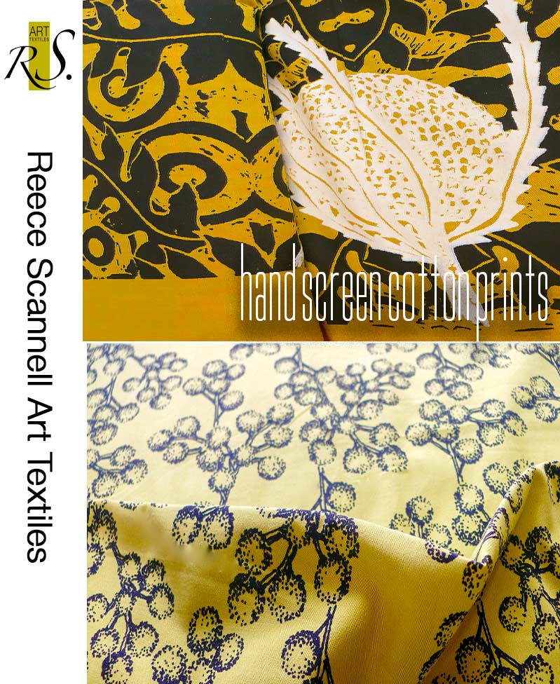 Hand Printed Modern Textulre & Australian Botanicals Design on Shot & Slub Cotton in Yellow Tones.