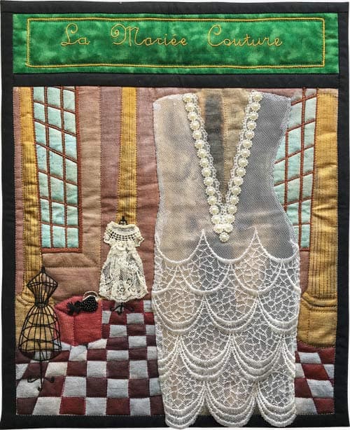 Artwork: Hand screen linen piece of Aphrodite La Louvre Paris into a French Dress Salon “ La Mariee Couture “. I transformed
                the room with paint and hand embroidery. I researched the history of dressmakers models and discovered that they were made of metal.?