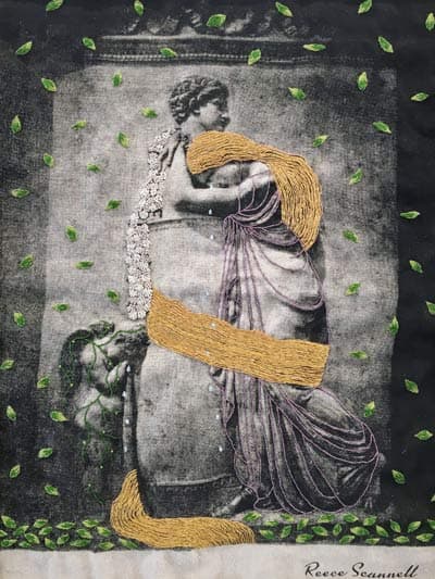 Artwork Binding - This photograph of the distraught girl in mourning is brought to life by the falling green leaves, which evoke 
              the hopes of life and love, dashed away too soon. The strength of her feeling and her inability to let go is represented by her hair, 
              wrapped around him, holding him close. Linen screen-printed panel Relive Sculpture Rome. Hand embroidery and couched metallic thread.
