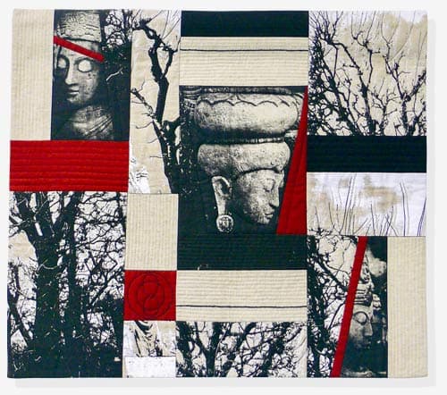 Wall Hang Artwork Winter Deities - Winter Trees ...Western Park. Stone Statues....Eastern Temple grounds. Machine and hand stitching, trapuno. Made from Linen Screen Print Panel.