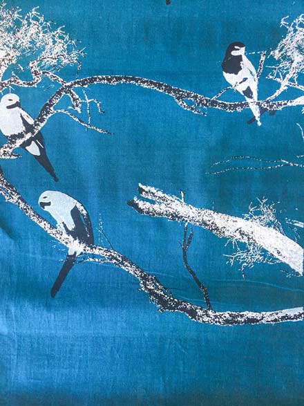 White & Black Birds on Tree Print on Shade of Blue 5A Shot Cotton